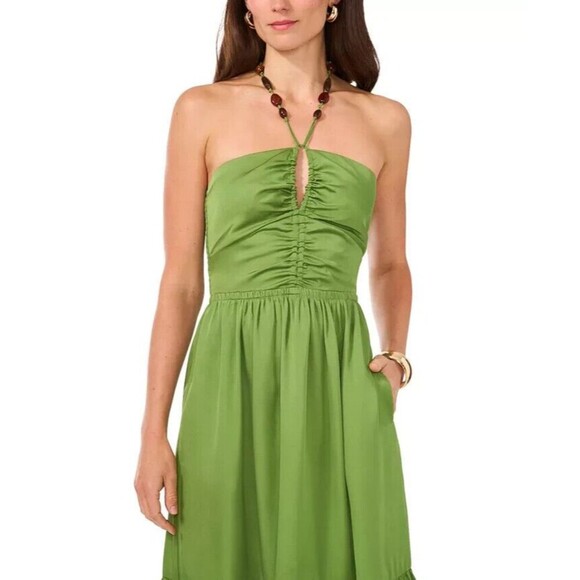 1.STATE Women's Beaded Halter Neck elasticized waist Midi Dress Pockets Green 6 - Picture 1 of 13